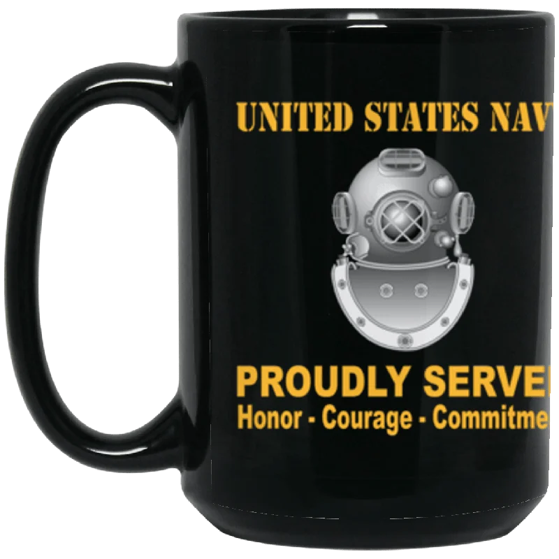 large travel mugs for iced tea drinks-US Navy Navy Diver Navy ND Proudly Served Core Values 15 oz. Black Mug