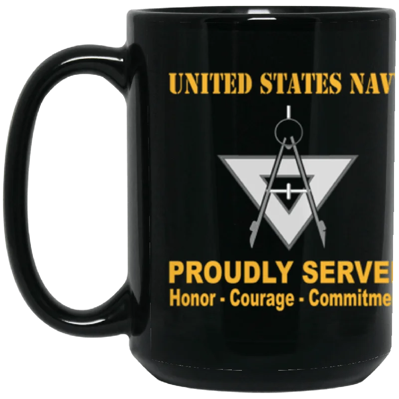 personalized ceramic mugs for holiday parties-US Navy Navy Draftsman Navy DM Proudly Served Core Values 15 oz. Black Mug