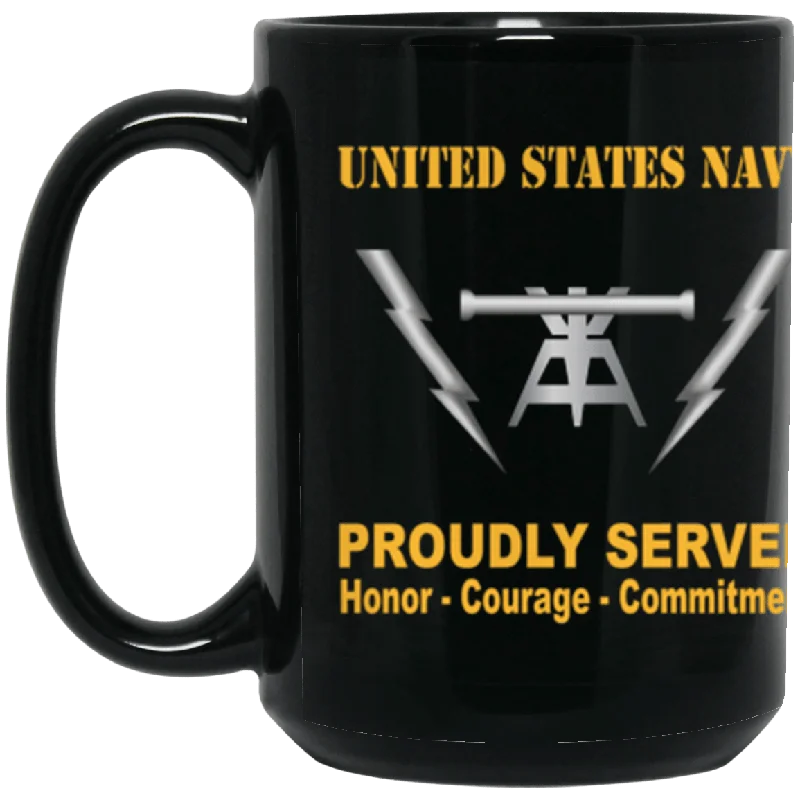 custom ceramic mugs for family photo gifts-US Navy Navy Fire Controlman Navy FC Proudly Served Core Values 15 oz. Black Mug