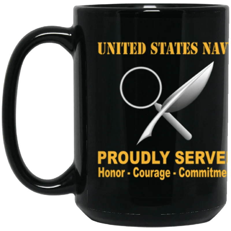 custom coffee cups with names for family gatherings-US Navy Navy Intelligence Specialist Navy IS Proudly Served Core Values 15 oz. Black Mug