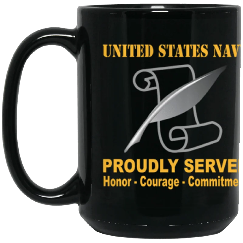 best coffee mugs for enjoying iced coffee-US Navy Navy Journalist Navy JO Proudly Served Core Values 15 oz. Black Mug