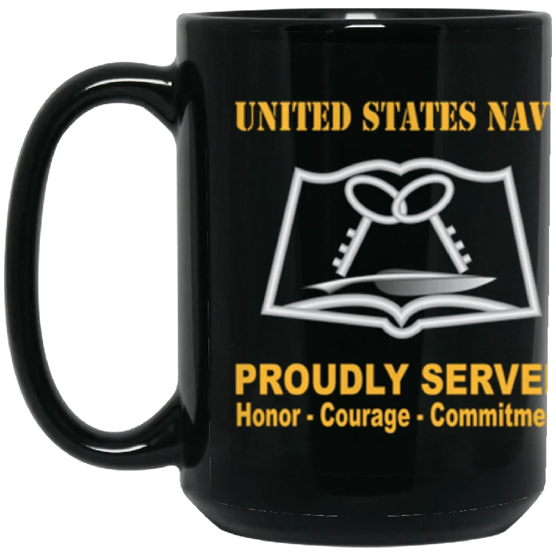 personalized coffee mugs with heart designs-US Navy Navy Mess Management Specialist Navy MS Proudly Served Core Values 15 oz. Black Mug