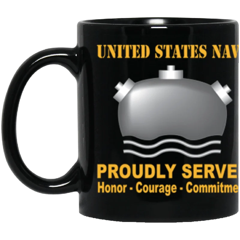 cute ceramic coffee cups for gifts-US Navy Navy Mineman Navy MN Proudly Served Core Values 11 oz. Black Mug