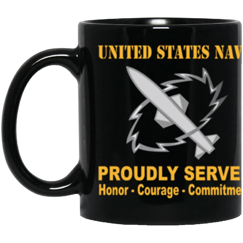 stylish coffee mugs with unique designs-US Navy Navy Missile Technician Navy MT Proudly Served Core Values 11 oz. Black Mug