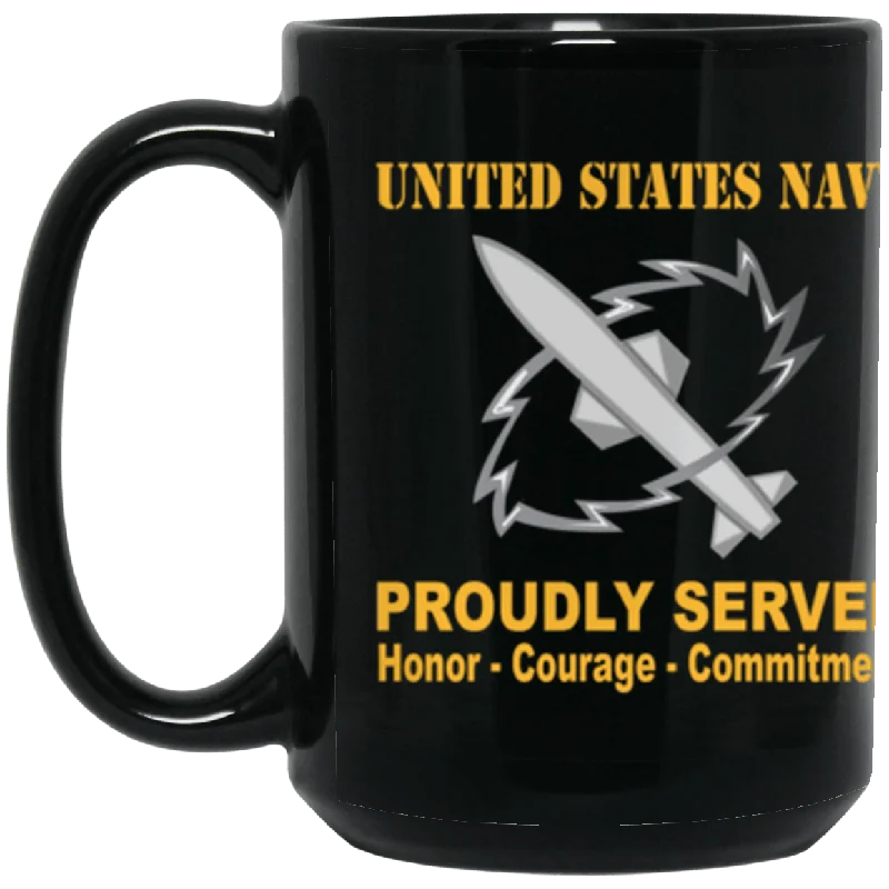 eco-friendly coffee mugs for daily use-US Navy Navy Missile Technician Navy MT Proudly Served Core Values 15 oz. Black Mug