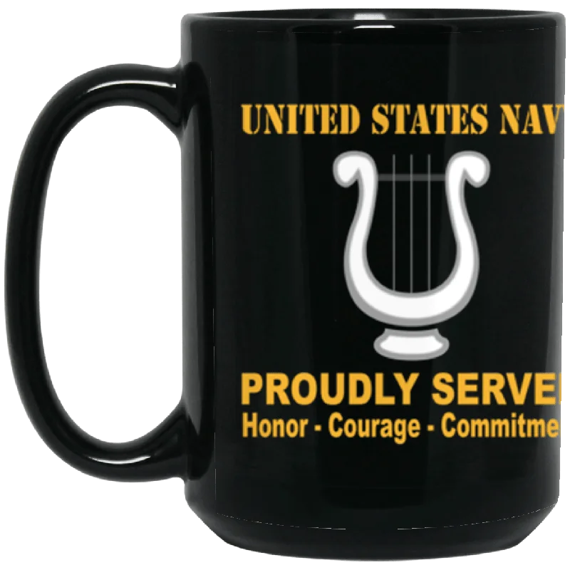 personalized coffee mugs with logos for businesses-US Navy Navy Musician Navy MU Proudly Served Core Values 15 oz. Black Mug