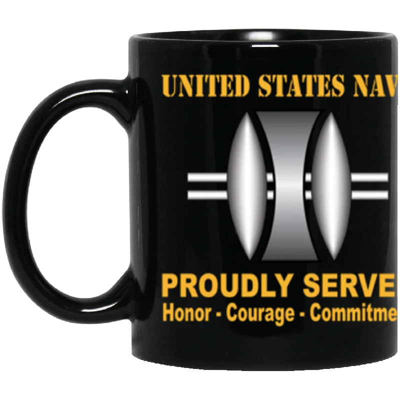 unique coffee mugs for gift giving-US Navy Navy Opticalman Navy OM Proudly Served Core Values 11 oz. Black Mug