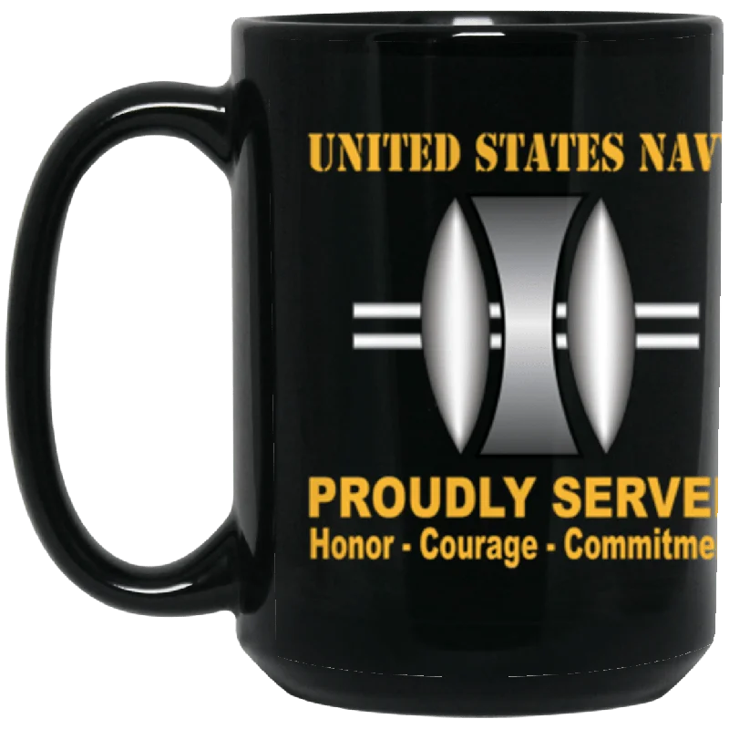 insulated mugs with lids for tea lovers-US Navy Navy Opticalman Navy OM Proudly Served Core Values 15 oz. Black Mug