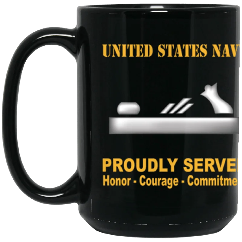 stylish tea mugs for winter evenings-US Navy Navy Patternmaker Navy PM Proudly Served Core Values 15 oz. Black Mug