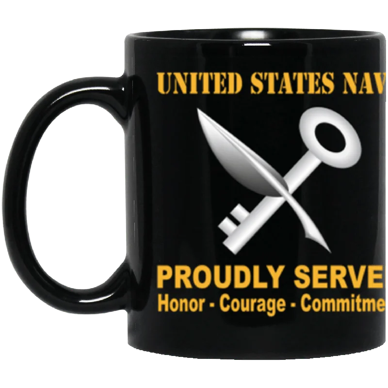 best travel mugs for hot drinks-US Navy Navy Ship's Serviceman Navy SH Proudly Served Core Values 11 oz. Black Mug