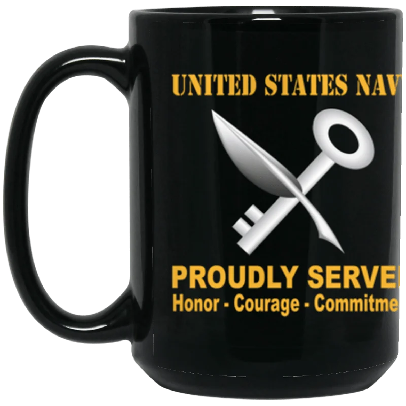 custom mugs for family gatherings and holidays-US Navy Navy Ship's Serviceman Navy SH Proudly Served Core Values 15 oz. Black Mug