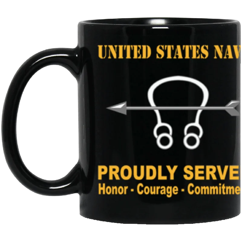 personalized mugs with name and date-US Navy Navy Sonar Technician Navy ST Proudly Served Core Values 11 oz. Black Mug