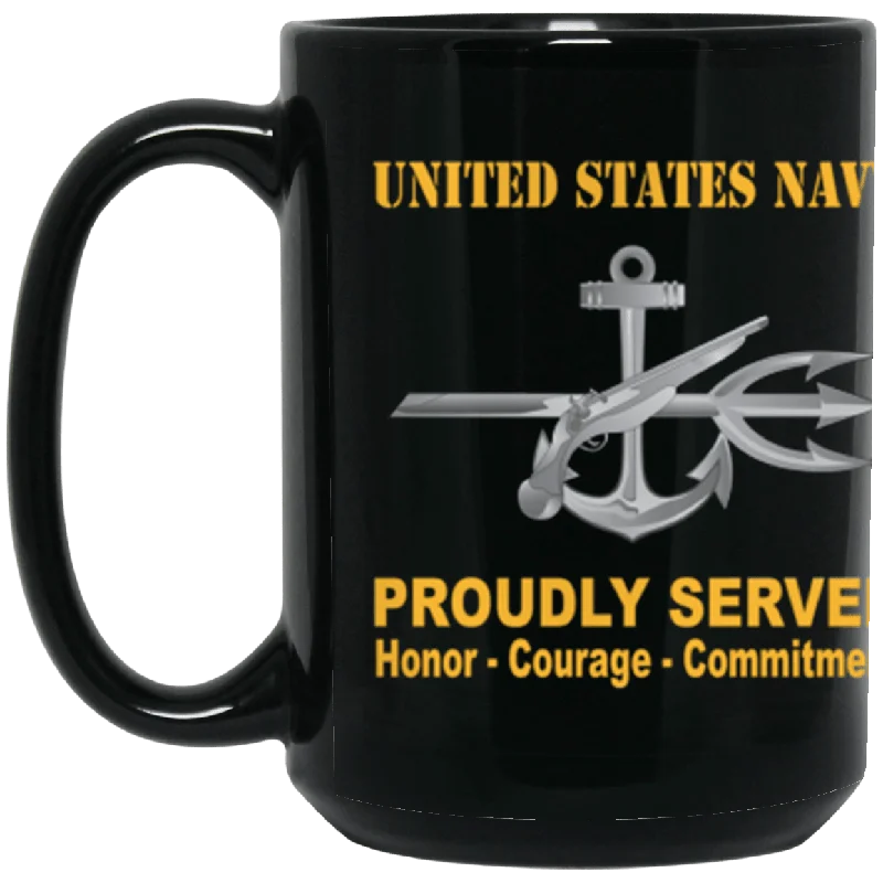 best mugs for serving holiday drinks-US Navy Navy Special Warfare Operator Navy SO Proudly Served Core Values 15 oz. Black Mug