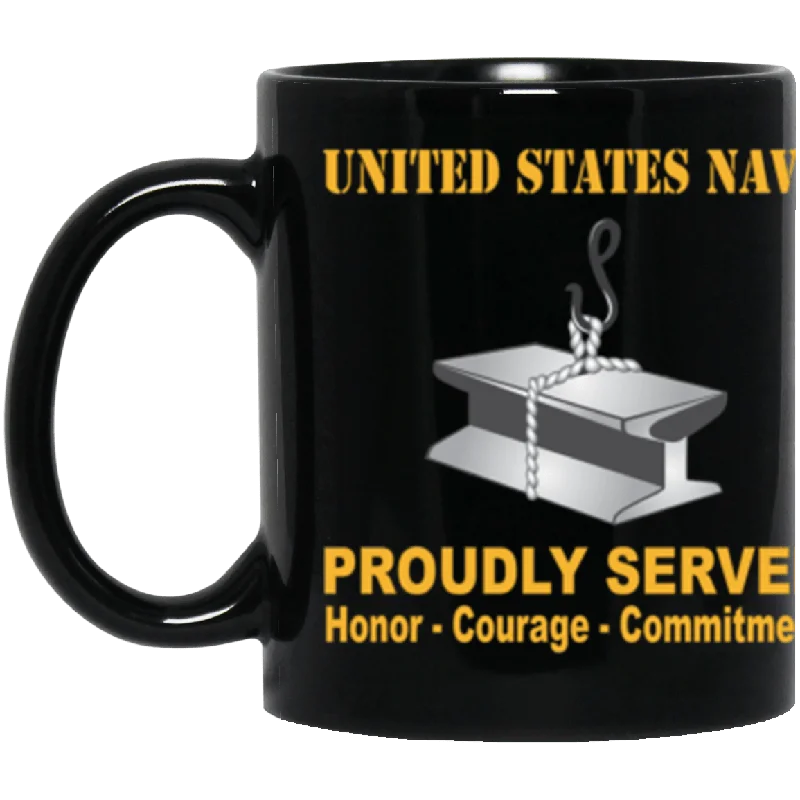 cute travel mugs for coffee enthusiasts-US Navy Navy Steelworker Navy SW Proudly Served Core Values 11 oz. Black Mug