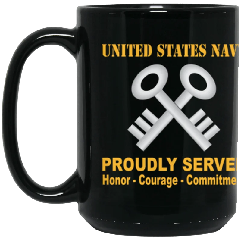 stylish travel mugs for hot beverages-US Navy Navy Storekeeper Navy SK Proudly Served Core Values 15 oz. Black Mug