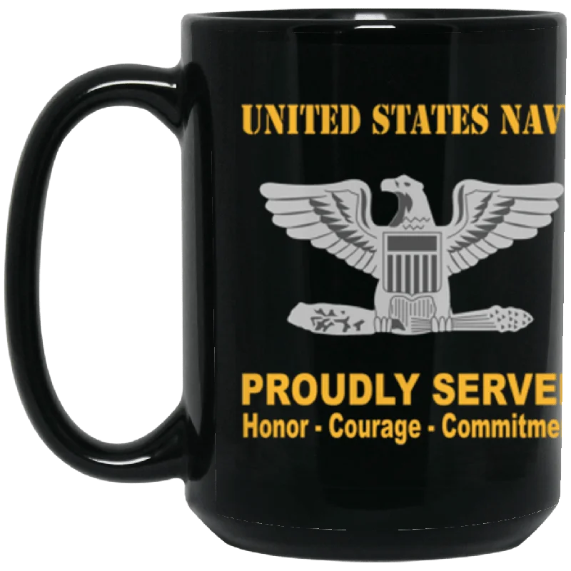 personalized mugs for teacher gifts-US Navy O-6 Captain O6 CAPT Senior Officer Ranks Proudly Served Core Values 15 oz. Black Mug