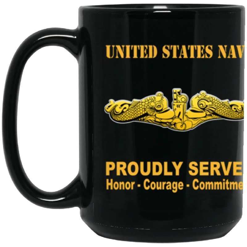 large insulated travel mugs for daily use-US Navy Submarine Warfare Officer Badge Proudly Served Core Values 15 oz. Black Mug