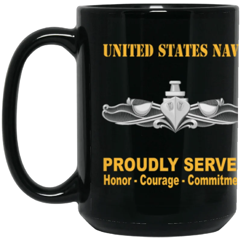 unique ceramic mugs with funny prints-US Navy Surface Warfare Enlisted  Badge Proudly Served Core Values 15 oz. Black Mug