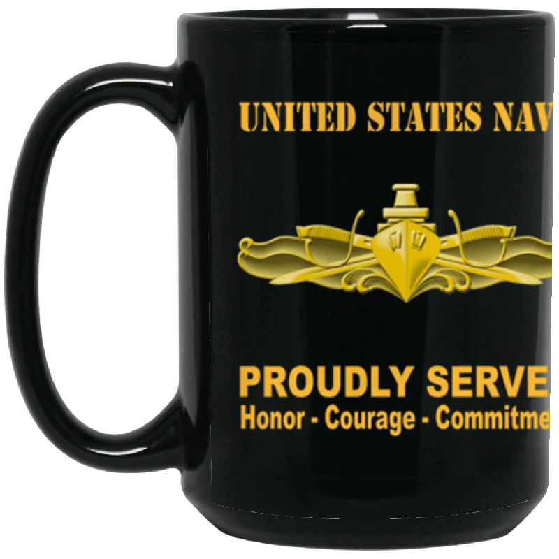 personalized coffee mugs with photos for holidays-US Navy Surface Warfare Officer Badge Proudly Served Core Values 15 oz. Black Mug