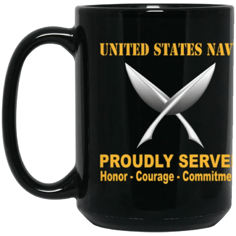 reusable coffee cups for commuting to work-US Navy Yeoman Navy YN Proudly Served Core Values 15 oz. Black Mug