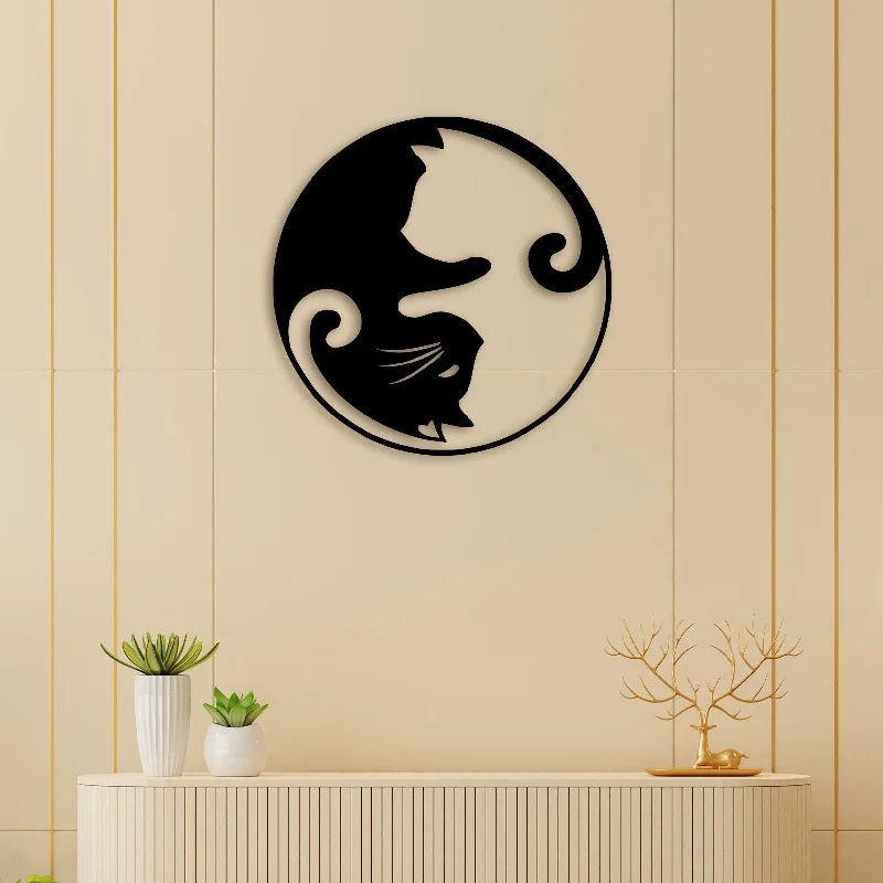 retro floral prints for wall-Cat Ying Yang Metal Wall Art