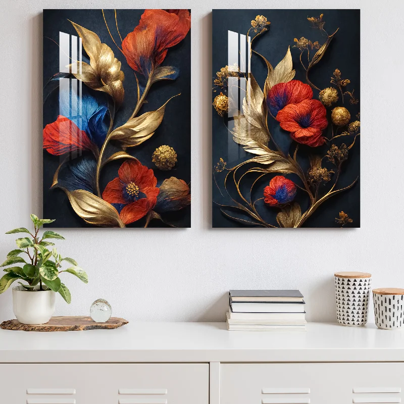 contemporary black and white paintings-Colorful Abstract Flower Acrylic Wall Art (Set Of 2)