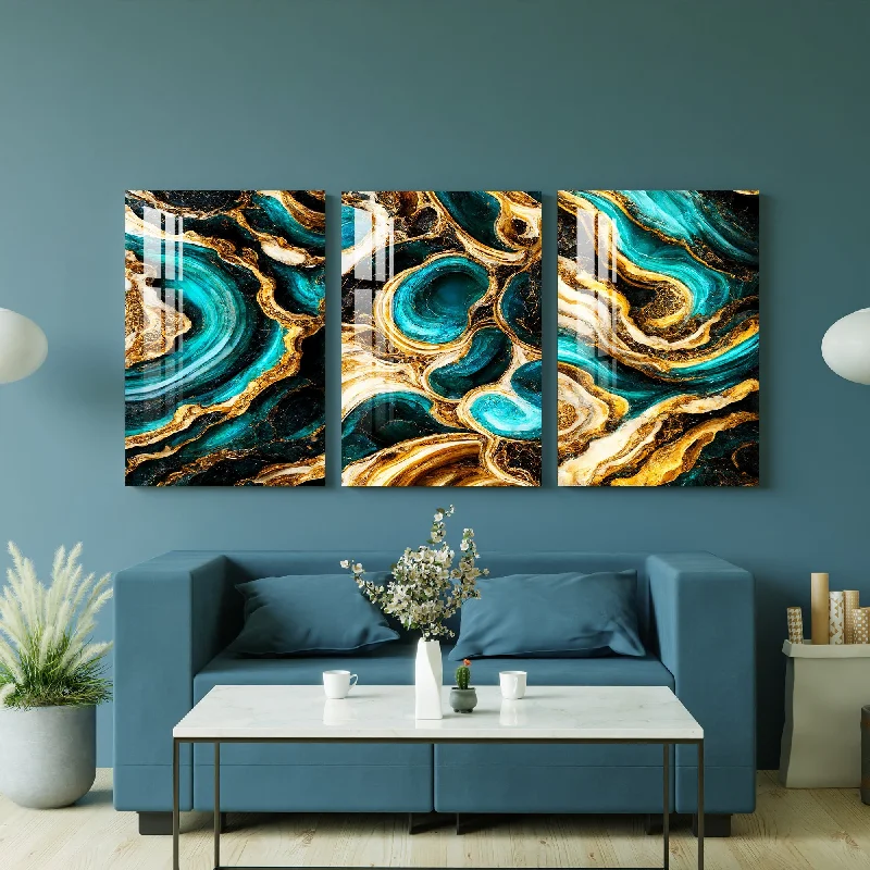 oversized modern nature wall art-Cyan & Golden Waves Acrylic Wall Art (Set of 3) - 23.5X16 inches / 8MM (Premium)