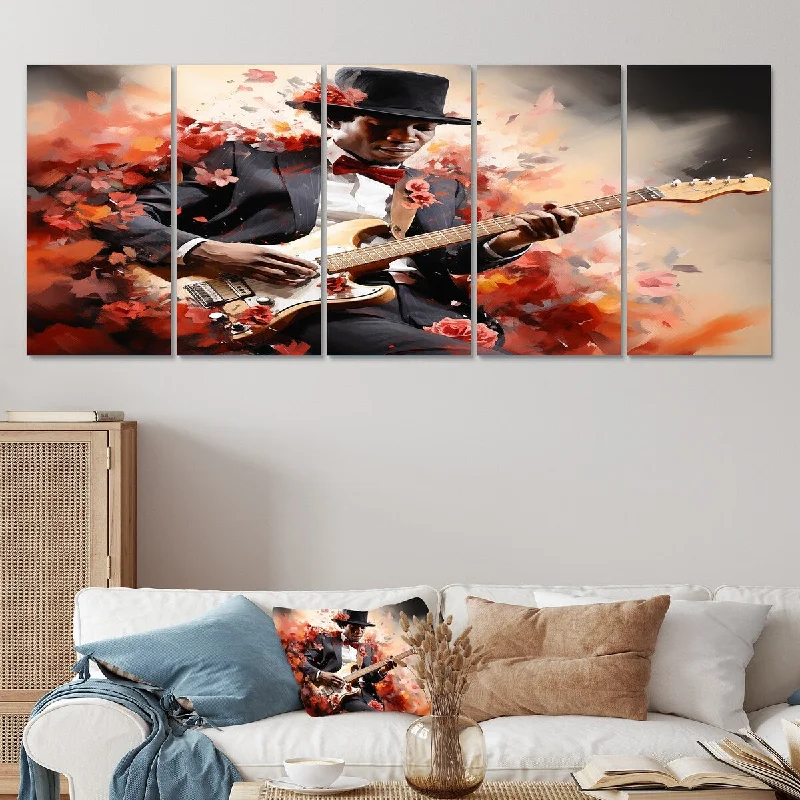 modern retro canvas prints-Designart "African Jazz Musician II" Red African American Art Set Of 5 - Global Oversized Wall Art Decor For Hallway