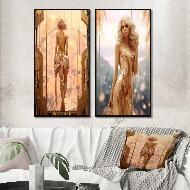 playful floral wall prints for home-Designart "Art Nouveau Retro Beauty Timeless Elegance II" Fashion Woman Wall Art Décor - Glam Wall Art Set Of 2