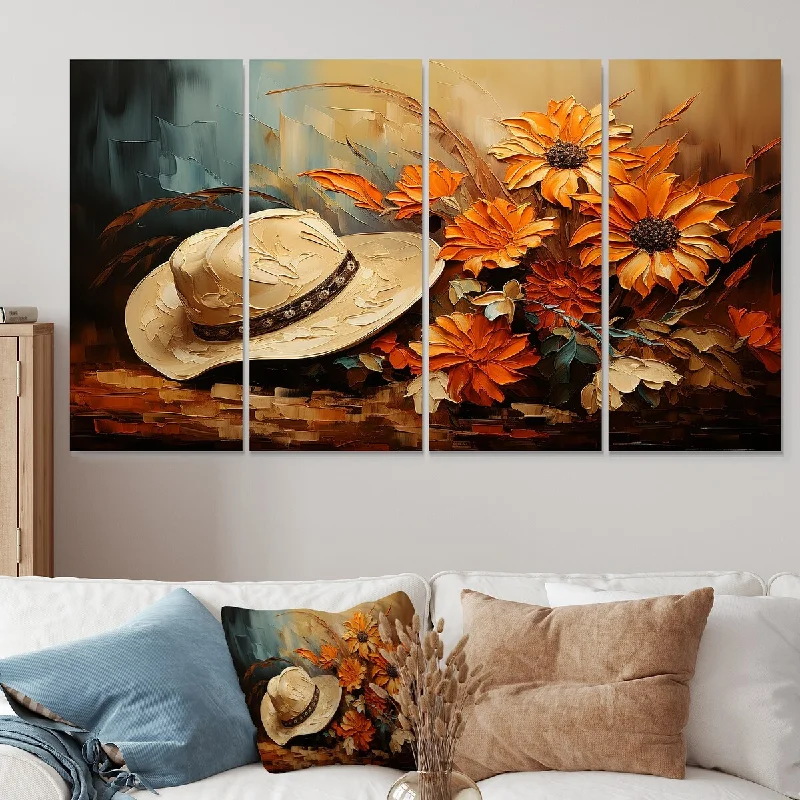 vintage cityscape wall art prints-Designart "Autumn Cowboy Hat I" Cowboys Extra Large Canvas Set Of 4 - Oversized Mid-Century Art For Bedroom Decor