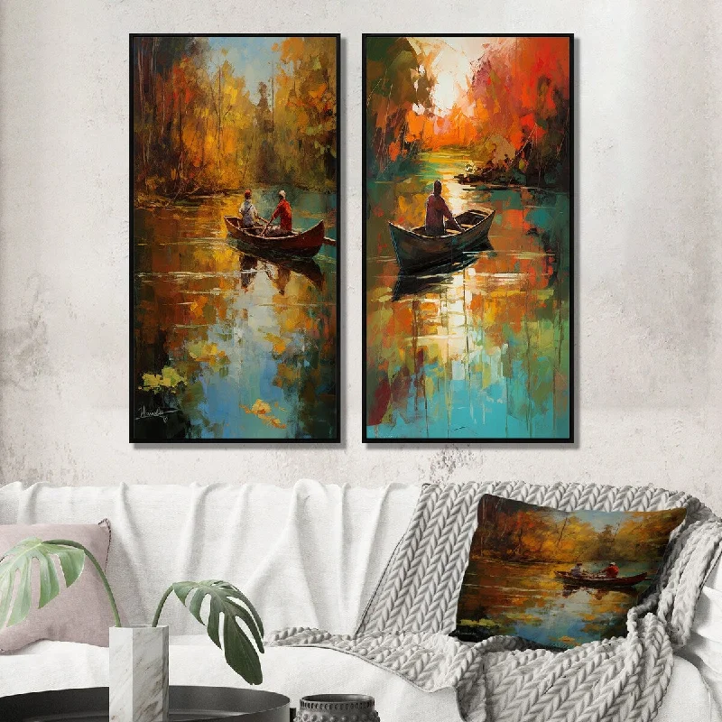 modern minimalist abstract paintings-Designart "Autumn Lake Full Moon Serenity Dinghy Rowing II" Lakehouse Wall Art Décor Canvas Set For Living Room Decor