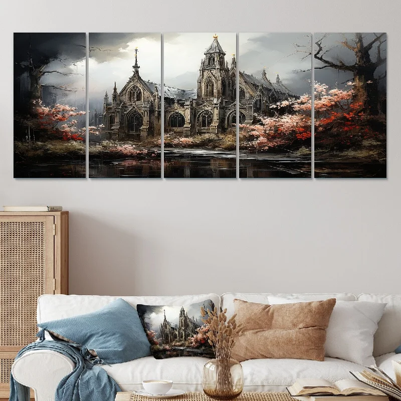 large landscape canvas art for home-Designart "Black Neo Ecclesiastic Vision Church II" Black Church Set Of 5 - Cabin Oversized Canvas Wall Art For Entryway