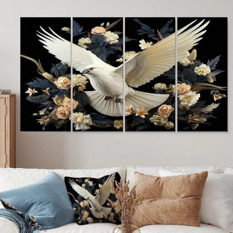 vintage coastal art prints-Designart "Blue And White Dove Bird II" Dove Extra Large Canvas Set Of 4 - Oversized Modern Wall Art For Entryway