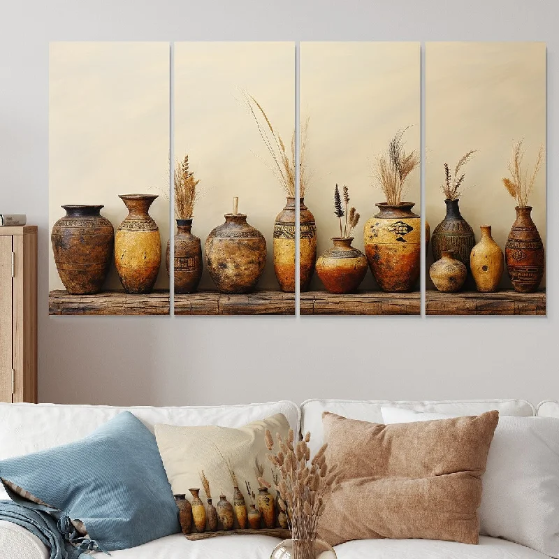 playful abstract photography prints-Designart "Brown Minimalism Pottery Formation" Boho Pottery Extra Large Canvas Set Of 4 - Oversized Bohemian Wall Art