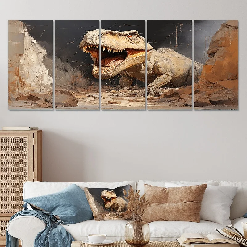 modern landscape canvas paintings-Designart "Brown Prehistoric Dinosaur Canyon II" Brown Dinosaur Set Of 5 Modern Oversized Wall Decor Art For Living Room