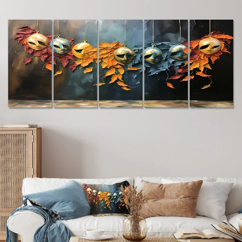 minimalist modern canvas prints-Designart "China Yellow And Blue Opera Masks I" Yellow China Art Set Of 5 - Global Oversized Wall Art Decor For Hallway