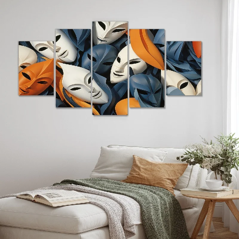 vibrant geometric wall art for bedroom-Designart "China Yellow And Blue Opera Masks II" Yellow China Art Set Of 5 Global Oversized Canvas Wall Art For Entryway