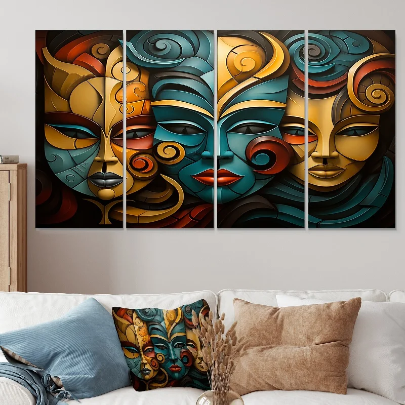 contemporary landscape art for living room-Designart "China Yellow And Blue Opera Masks III" China Art Extra Large Canvas Set Of 4 Oversized Global Wall Art Decor