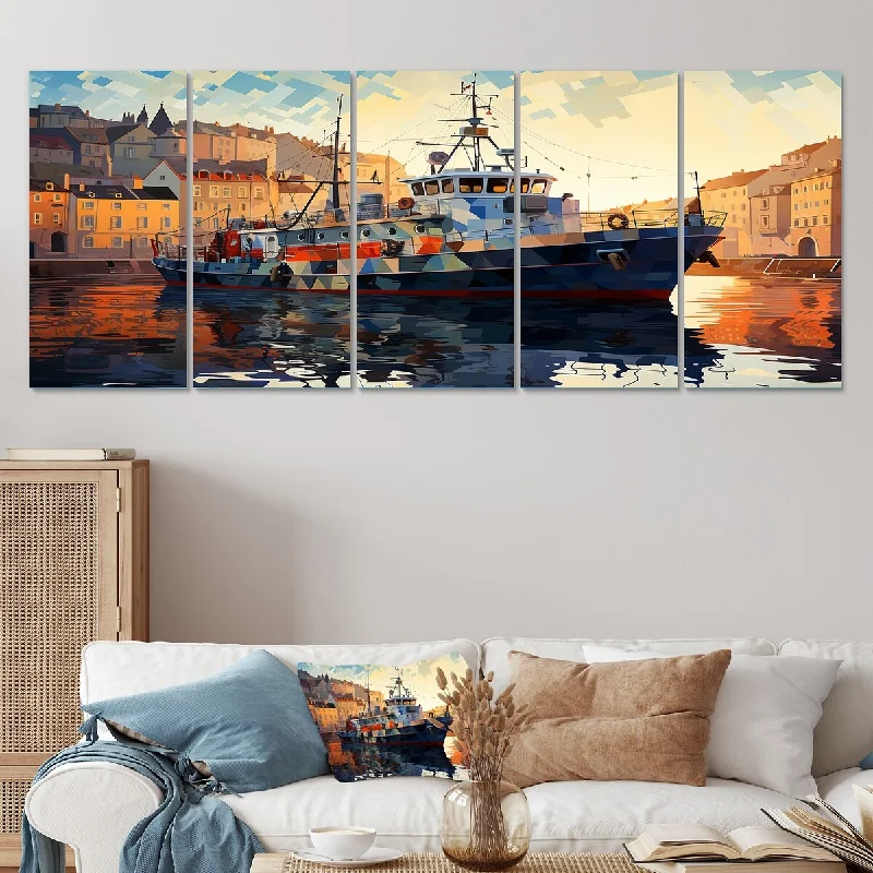 large abstract paintings for bedroom-Designart "Cubist Fishing Boat At The Port" Yellow Coastal Boat Set Of 5 - Coastal Oversized Wall Art Decor For Hallway