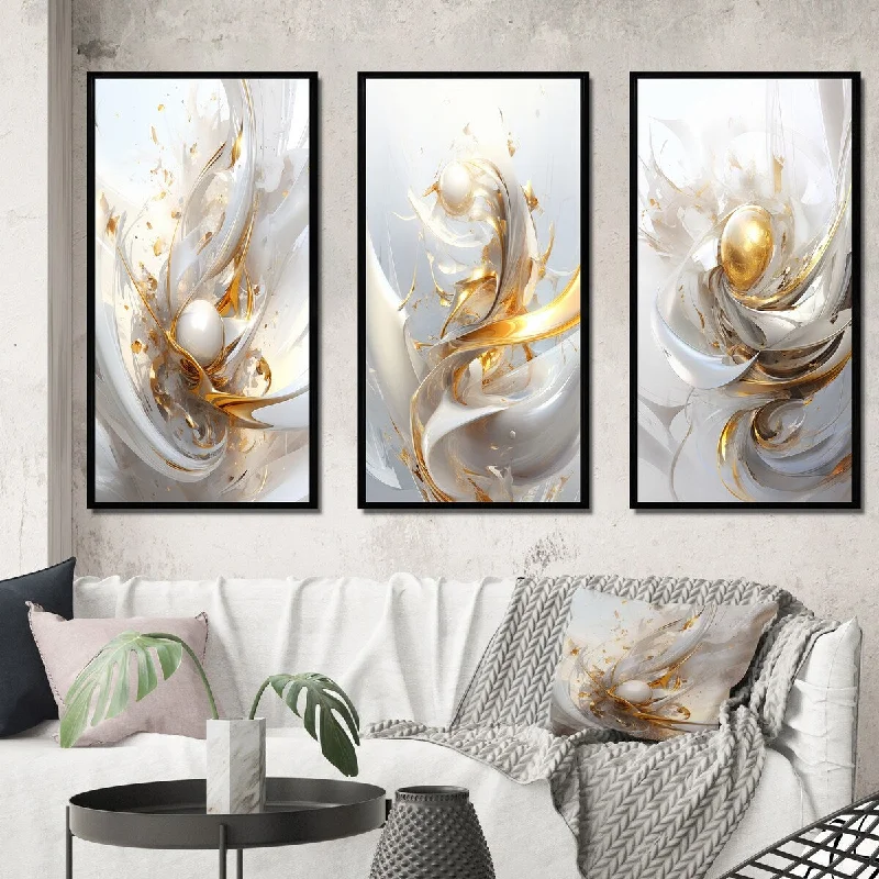 large landscape canvas art for home-Designart "Fractal Gold Sphere On White II" Fractals Framed Wall Art Set Of 3 Transitional Gallery Set For Office Decor