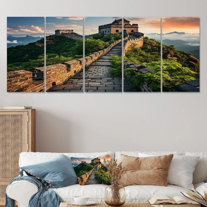 tropical wall art for bedroom-Designart "Great Wall Of China At Sunset" Green China Set Of 5 - Traditional Oversized Canvas Wall Art For Entryway