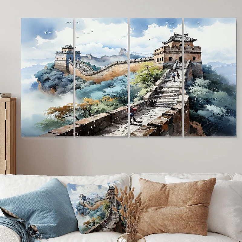 contemporary nature prints for living room-Designart "Great Wall Of China Landscape I" China Art Extra Large Canvas Set Of 4 Oversized Global Wall Art For Entryway