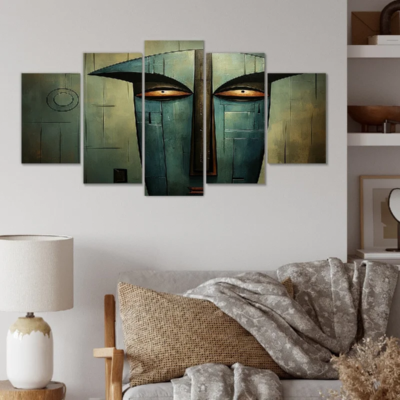 large abstract paintings for bedroom-Designart "Green And Blue Mystical African Mask Songye Power" African Mask Set Of 5 Oversized Wall Art Decor For Hallway