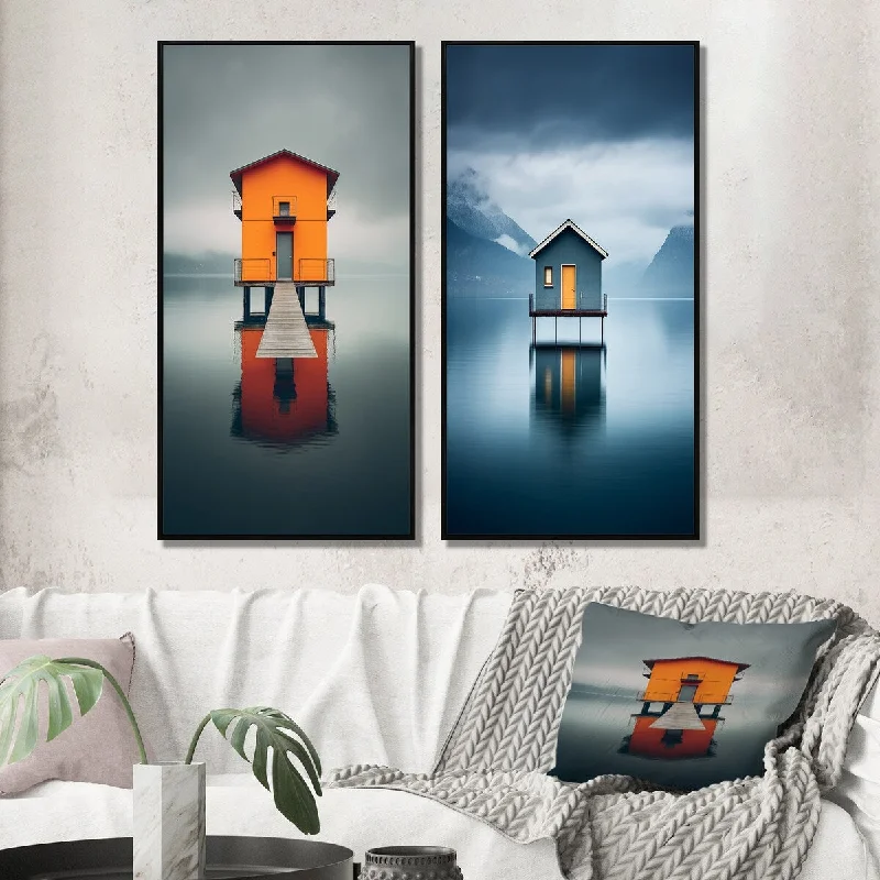 retro botanical art prints for home-Designart "Little Wooden Lakehouse Pier Misty Lake Day Pier" Lakehouse Framed Wall Art For Bedroom Gallery Wall Set Of 2