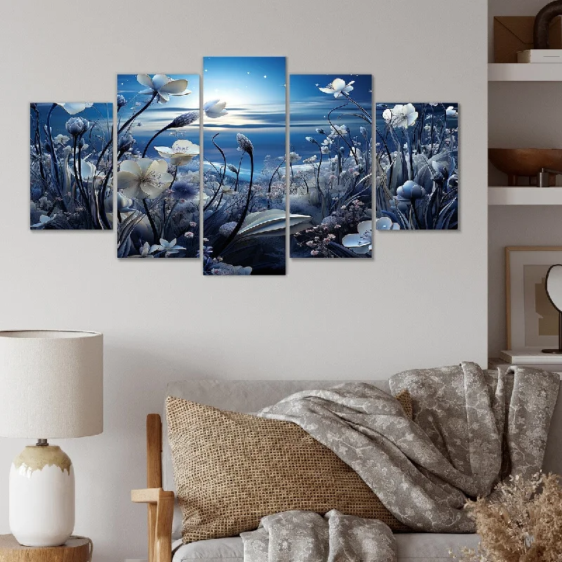 contemporary photography art prints-Designart "Moon Cosmic Floral Couture Meadows" White Flowers Set Of 5 Traditional Oversized Canvas Wall Art For Entryway