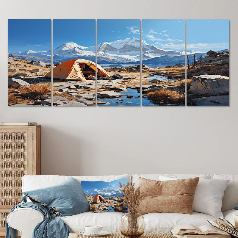 geometric landscape wall art-Designart "Mountain Camping Solitude II" Blue Camping Travel Set Of 5 - Country Oversized Canvas Art For Bedroom Decor