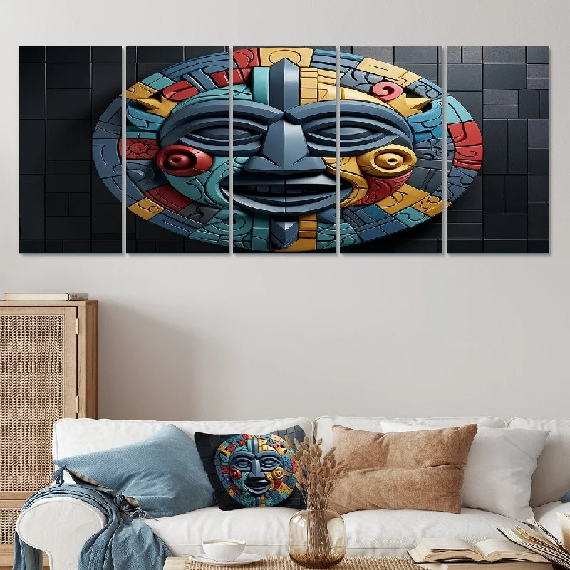 modern botanical wall art-Designart "Mystical African Mask Songye Power I" African Mask Set Of 5 - Global Oversized Wall Decor Art For Living Room