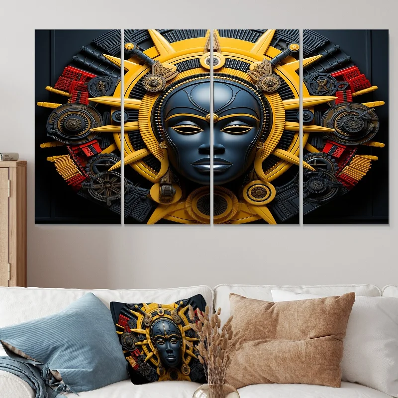 tropical city wall art for bedroom-Designart "Mystical African Mask Songye Power III" African Mask Extra Large Canvas Set Of 4 - Oversized Global Wall Art