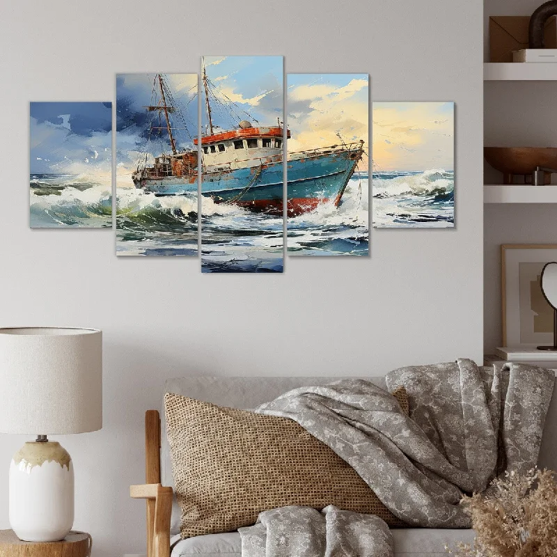 tropical photography wall prints-Designart "Nautical Boating Adventure" Blue Coastal Boat Set Of 5 - Coastal Oversized Canvas Wall Art For Entryway