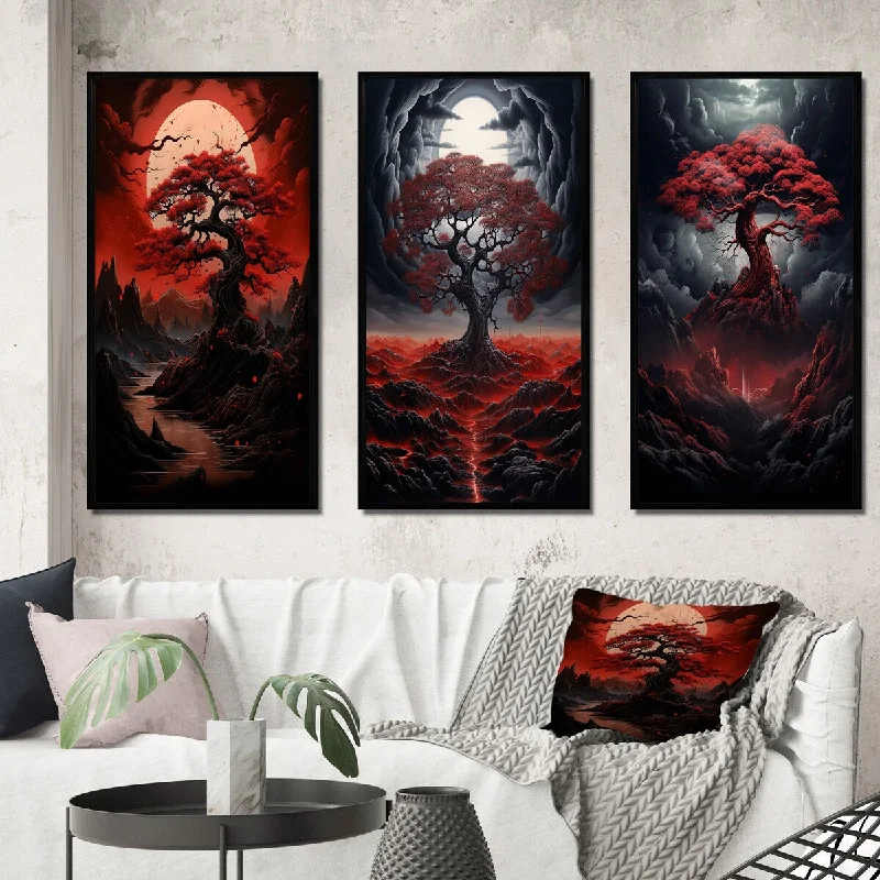 oversized abstract art for living room-Designart "Occult Red Tree Full Moon Mountain Magic II" Landscape Trees Frame Gallery Set Of 3 For Office Decor